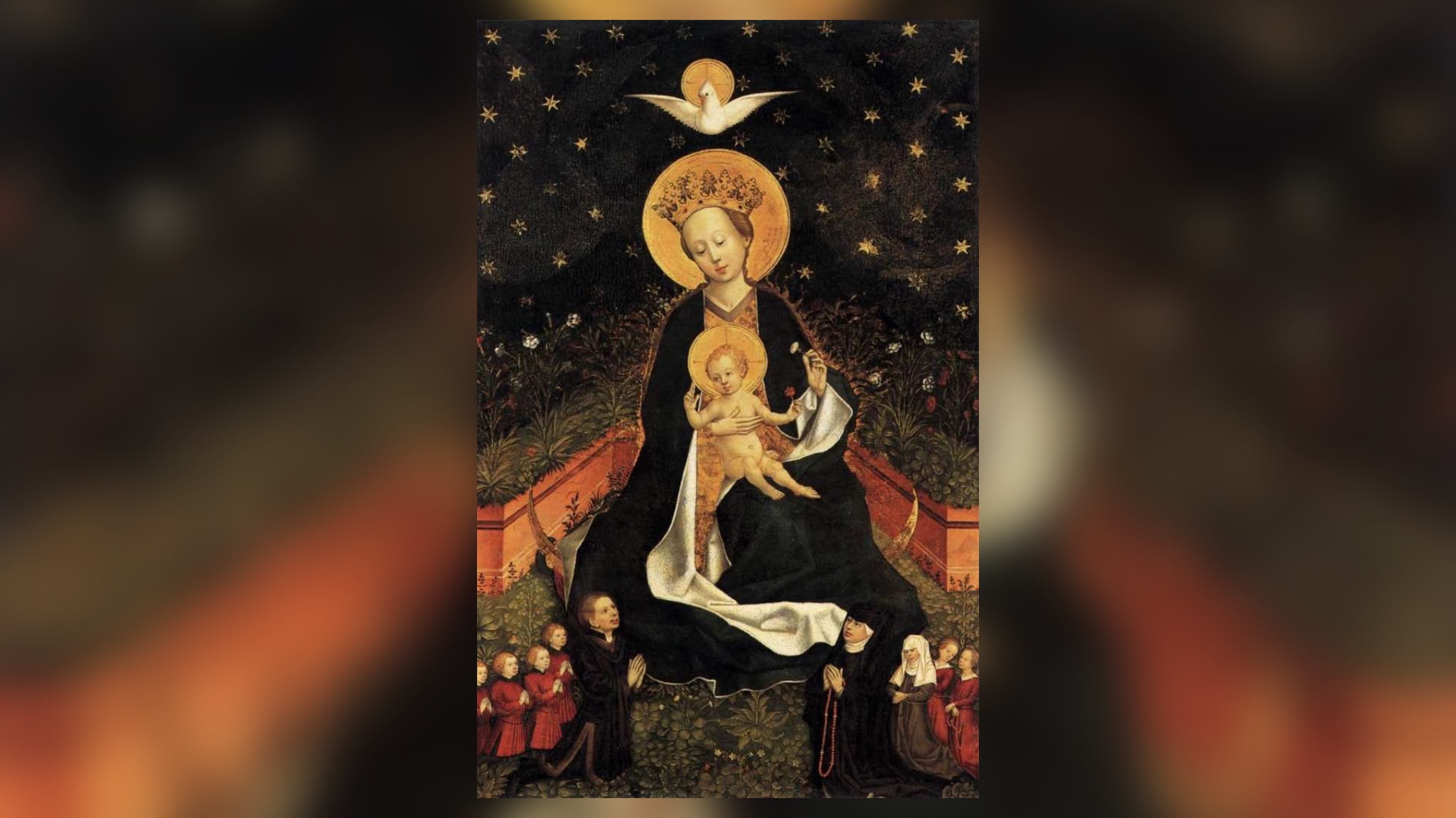 Ismeretlen festő: Madonna a holdkaréjon, zárt kertben
